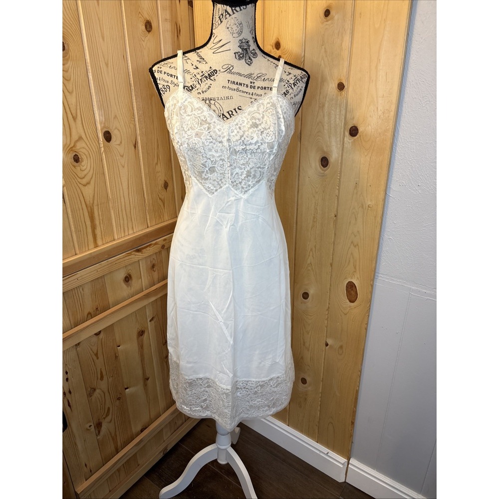 Vintage 50s Gotham Gold Stripe Lace Nylon lingerie slip dress 34" White Peignoir